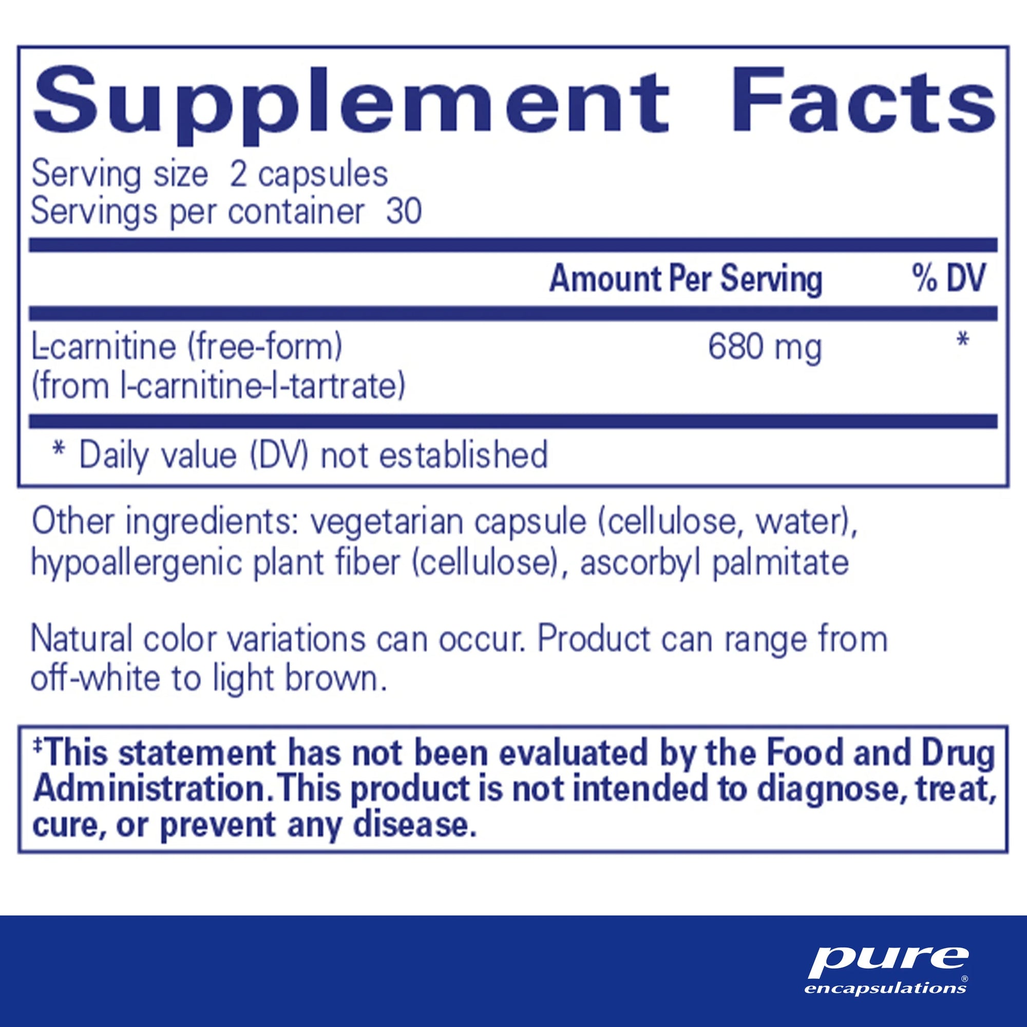 Supplement facts for Pure Encapsulations L-Carnitine, highlighting serving size (2 capsules), 680 mg L-Carnitine content, and hypoallergenic ingredients.